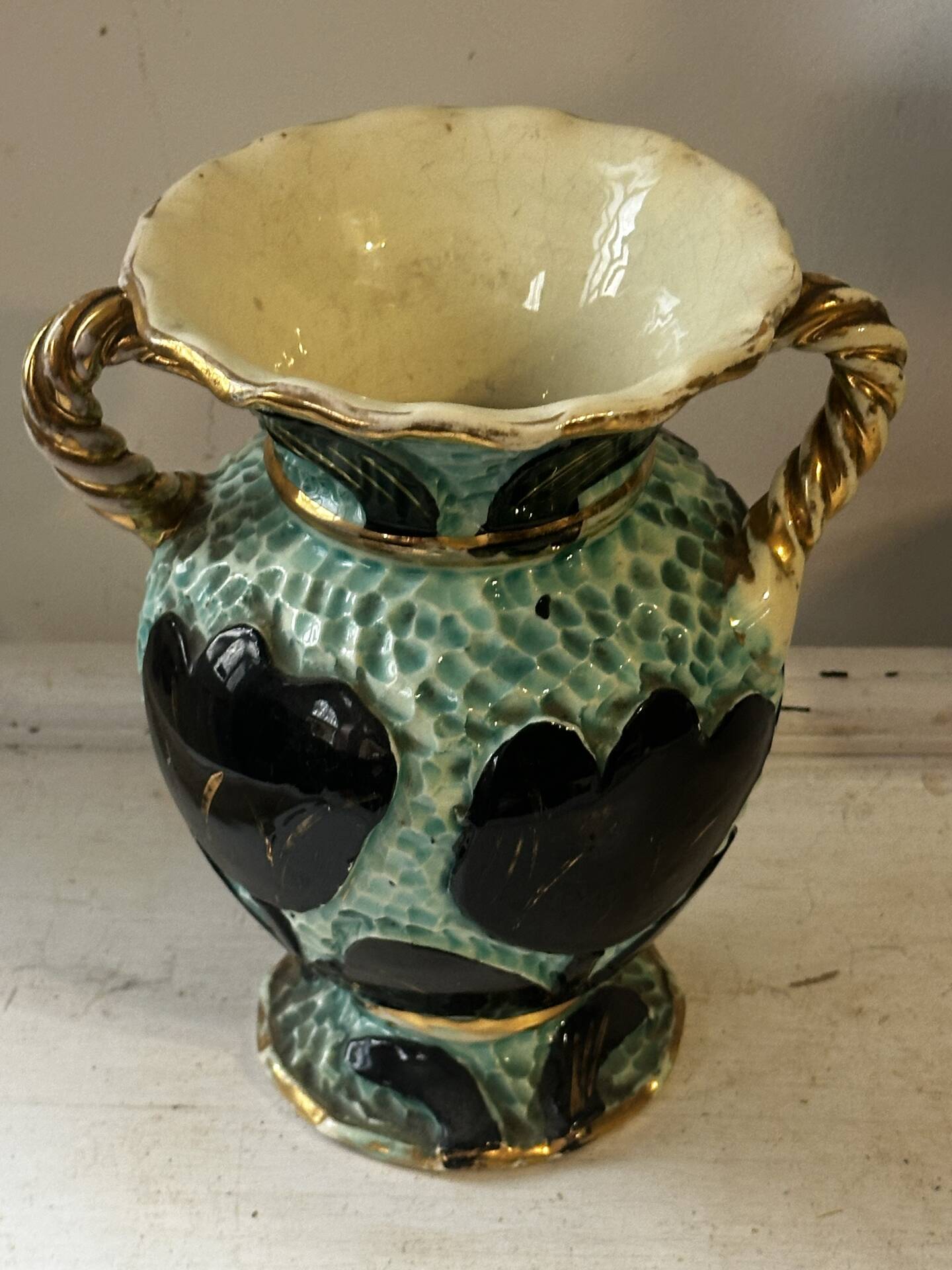 Pair of Vallauris vases in turquoise and black ceramic enhanced with o