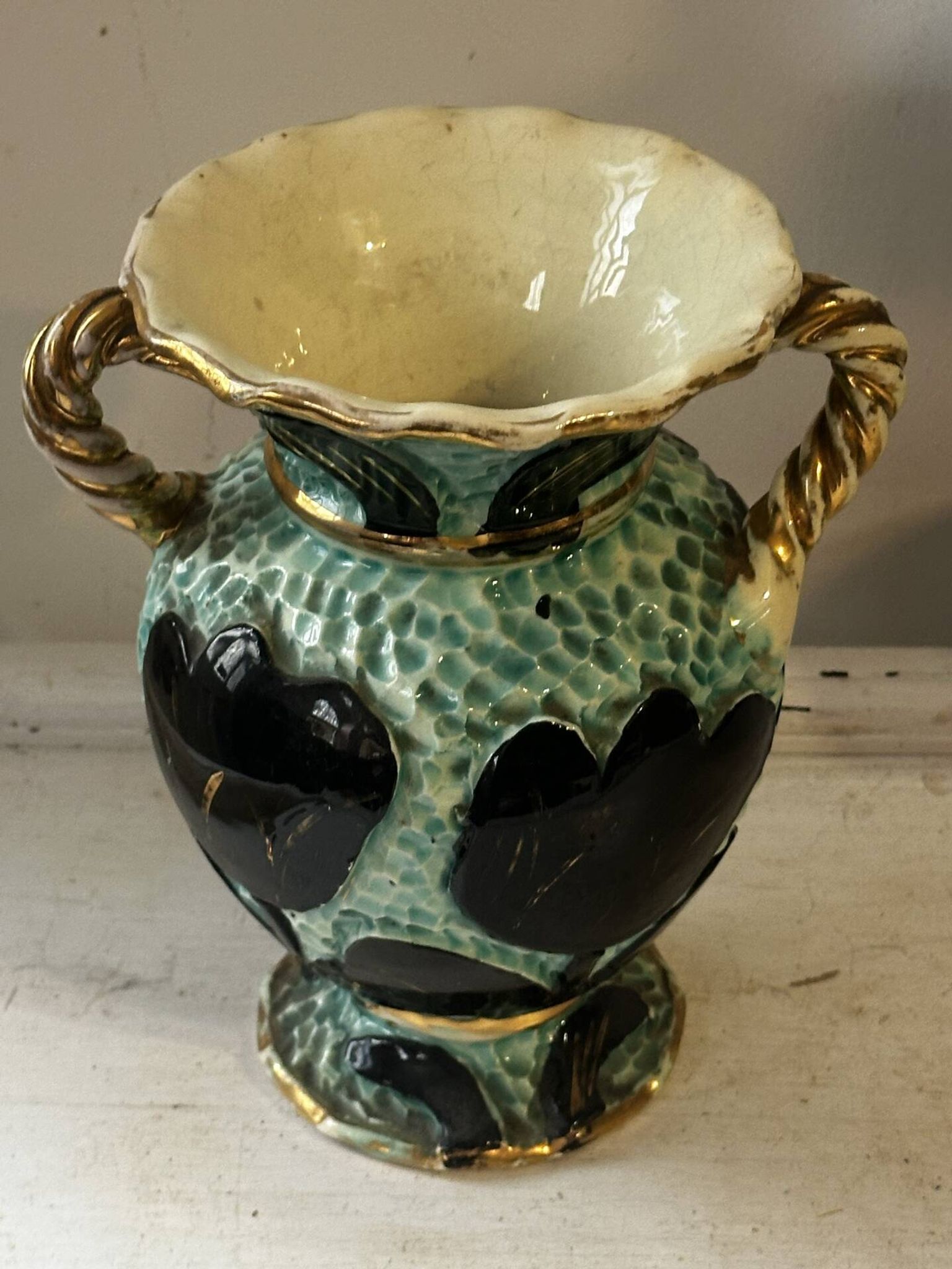 Pair of Vallauris vases in turquoise and black ceramic enhanced with o