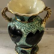 Pair of Vallauris vases in turquoise and black ceramic enhanced with o