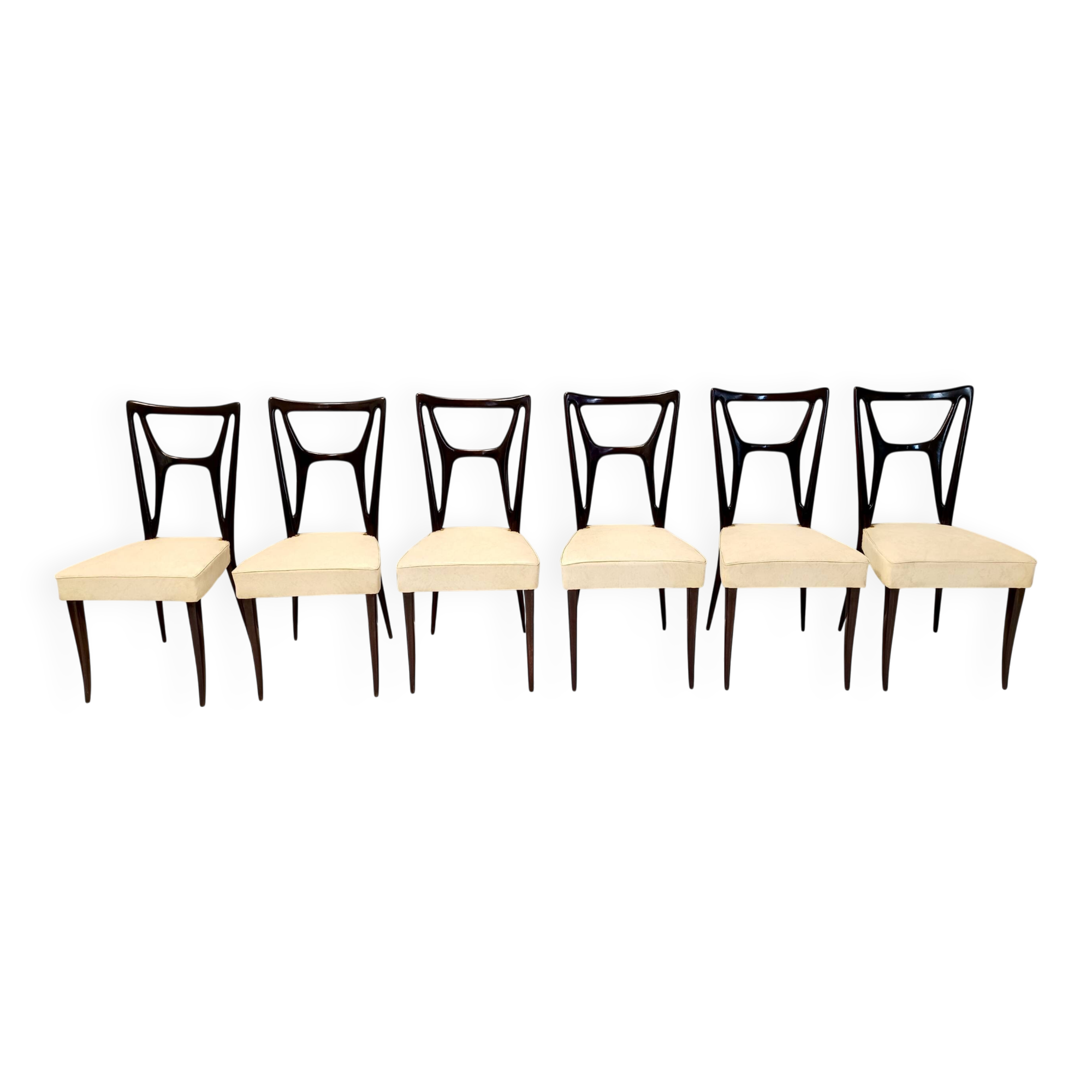Set of Six Ebonized Beech Dining Chairs with Ivory Skai Upholstery, Italy