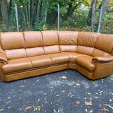 Large 6-seater corner sofa in cognac brown genuine leather