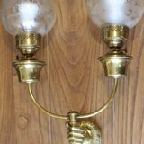 ART DECO brass wall light, two glass globes