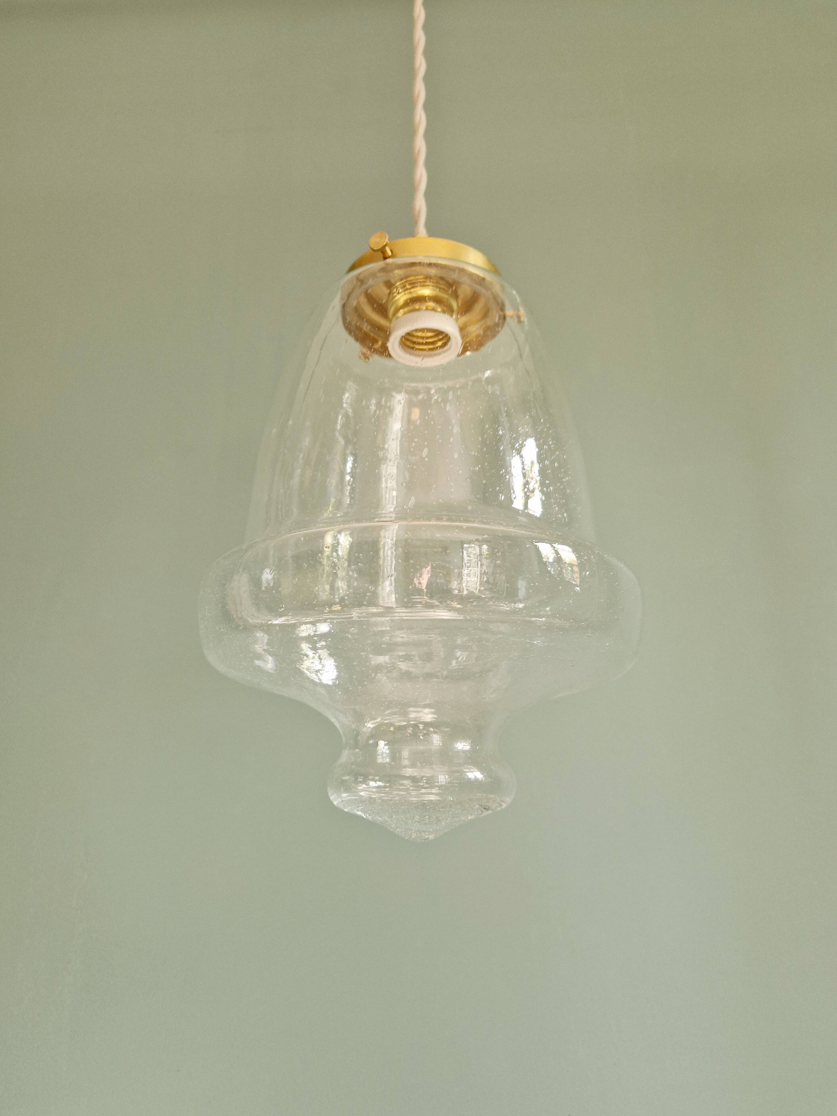 Vintage pendant light in transparent bubbled glass, 70s