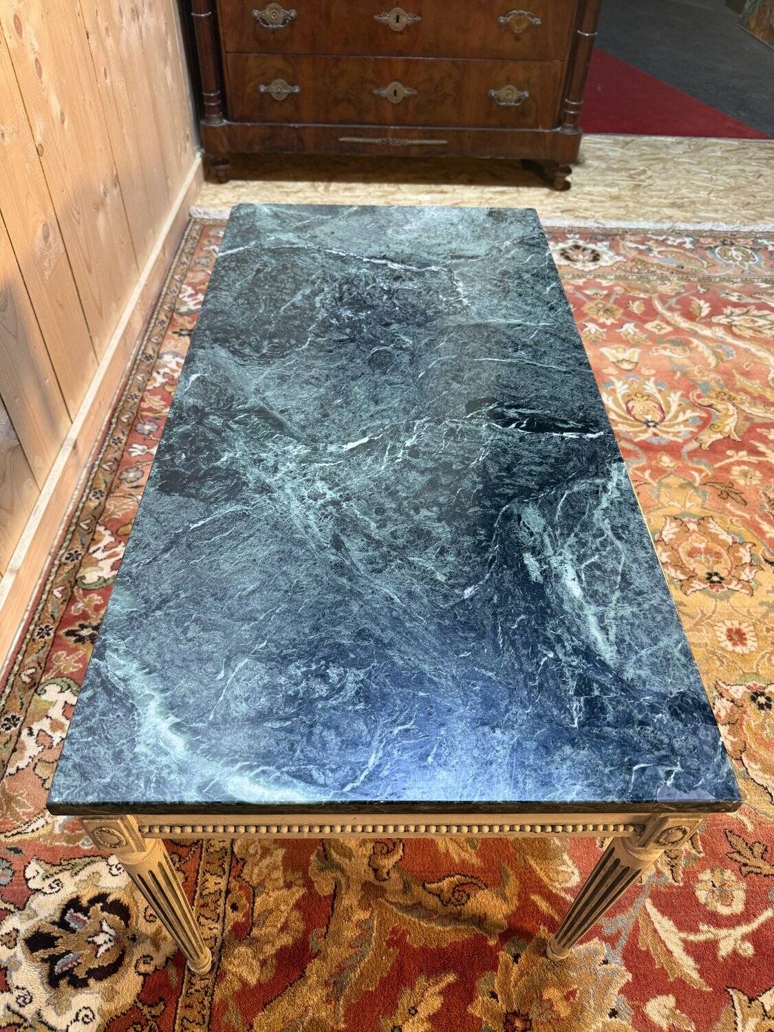 Louis XVI style painted coffee table and green marble