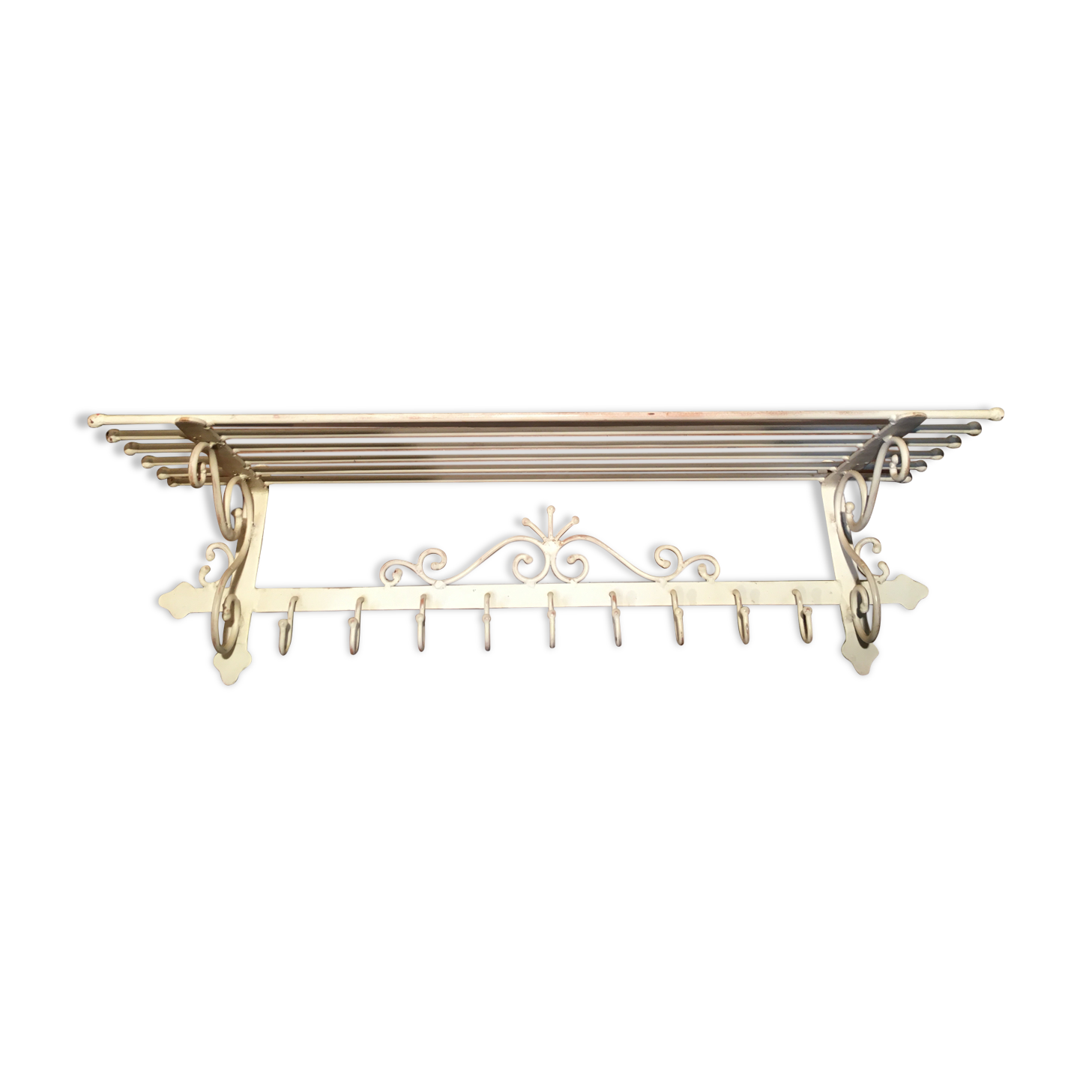 White wrought iron coat and hat rack