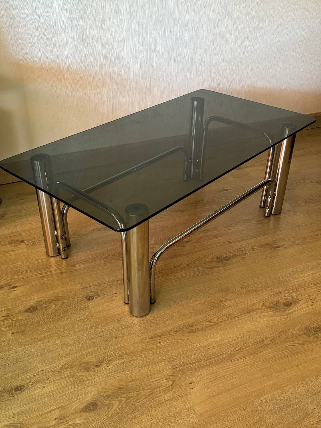 Vintage coffee table in chrome metal and smoked glass, 1970s