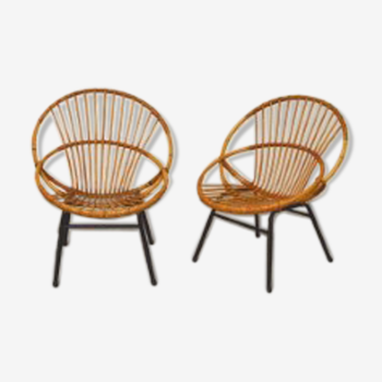 Pair of round shell chairs rattan and vintage bamboo