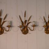 Set of 3 gilded wrought iron wall lights with wheat ears, 1960s