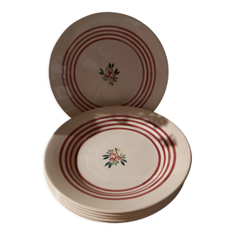 Gien hollow plates with red border and flower pattern