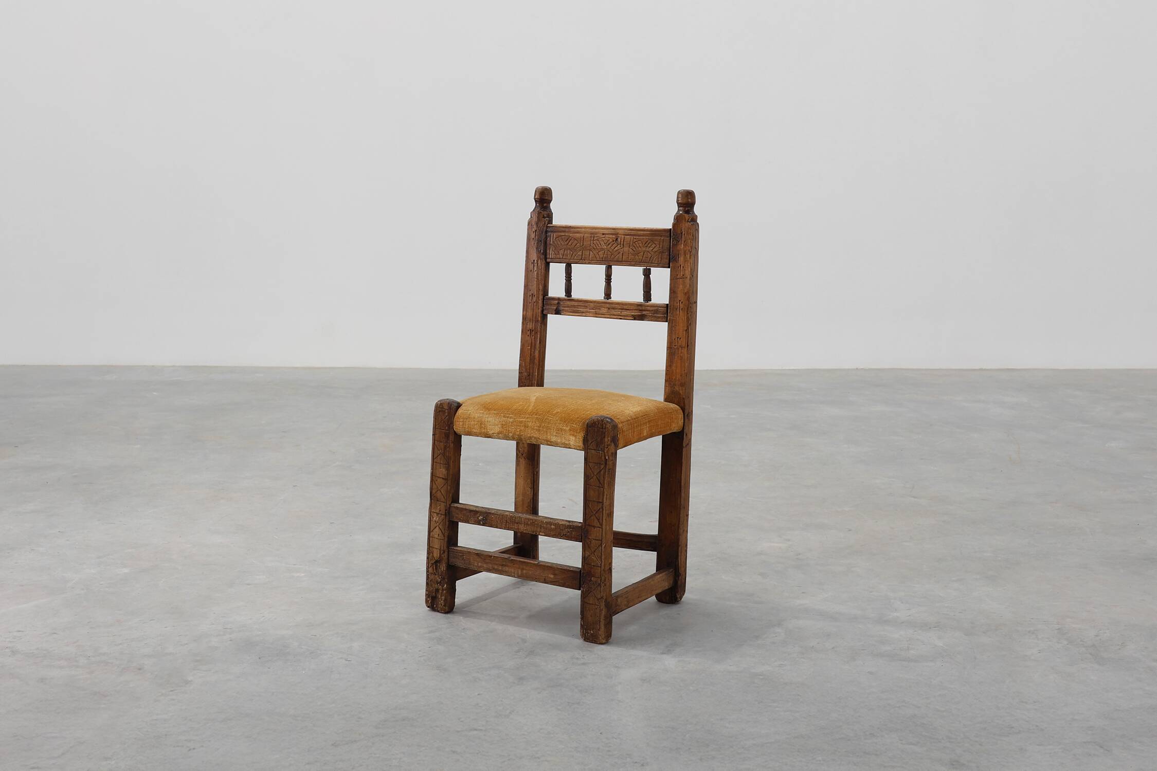 19th Century Spanish Hand-Carved oak Side Chair with Velour Seat