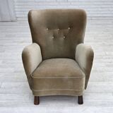 1960s, Danish armchair, green furniture velour, oak wood legs.