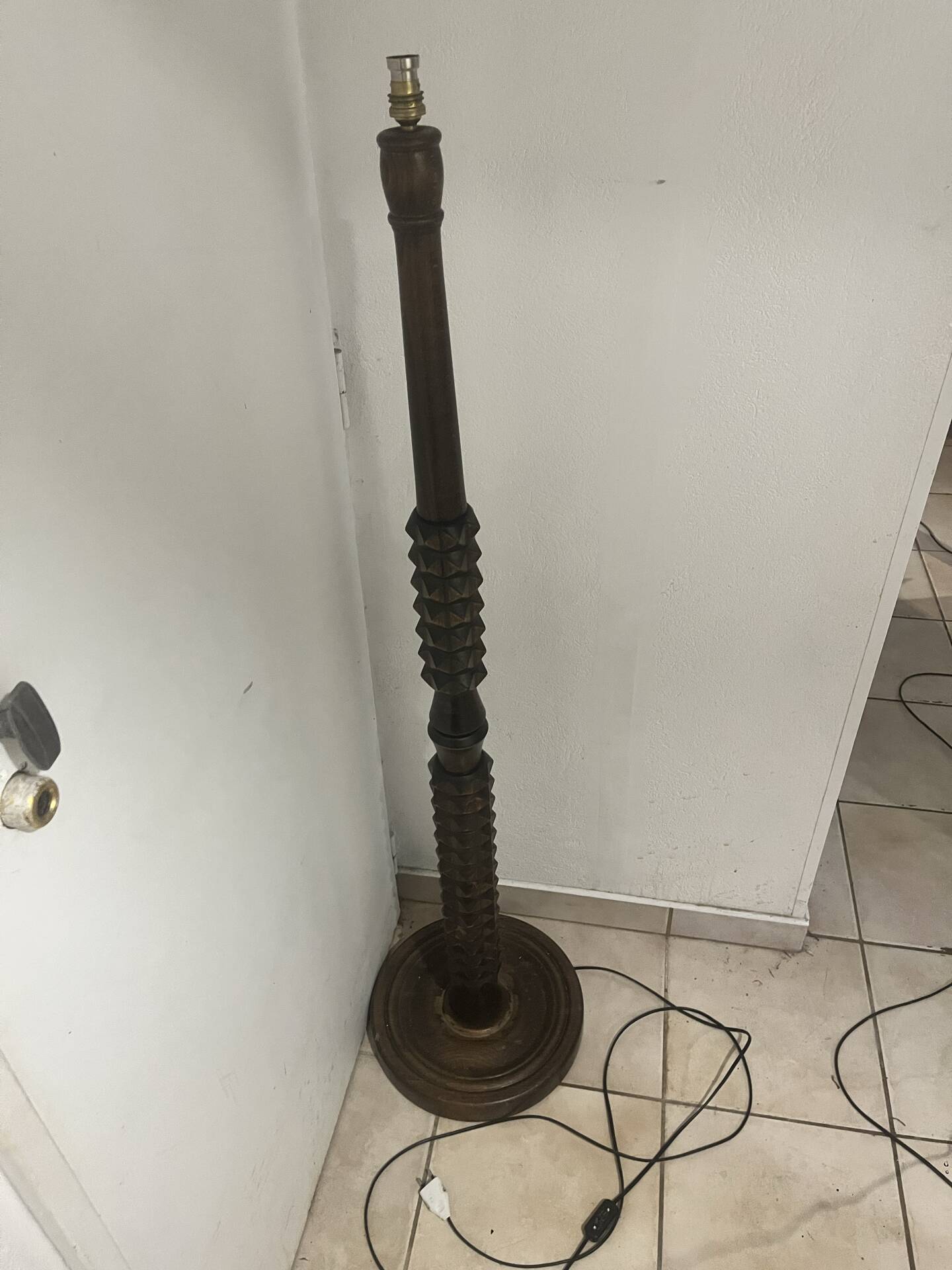 Large vintage turned wooden floor lamp — Brutalist style