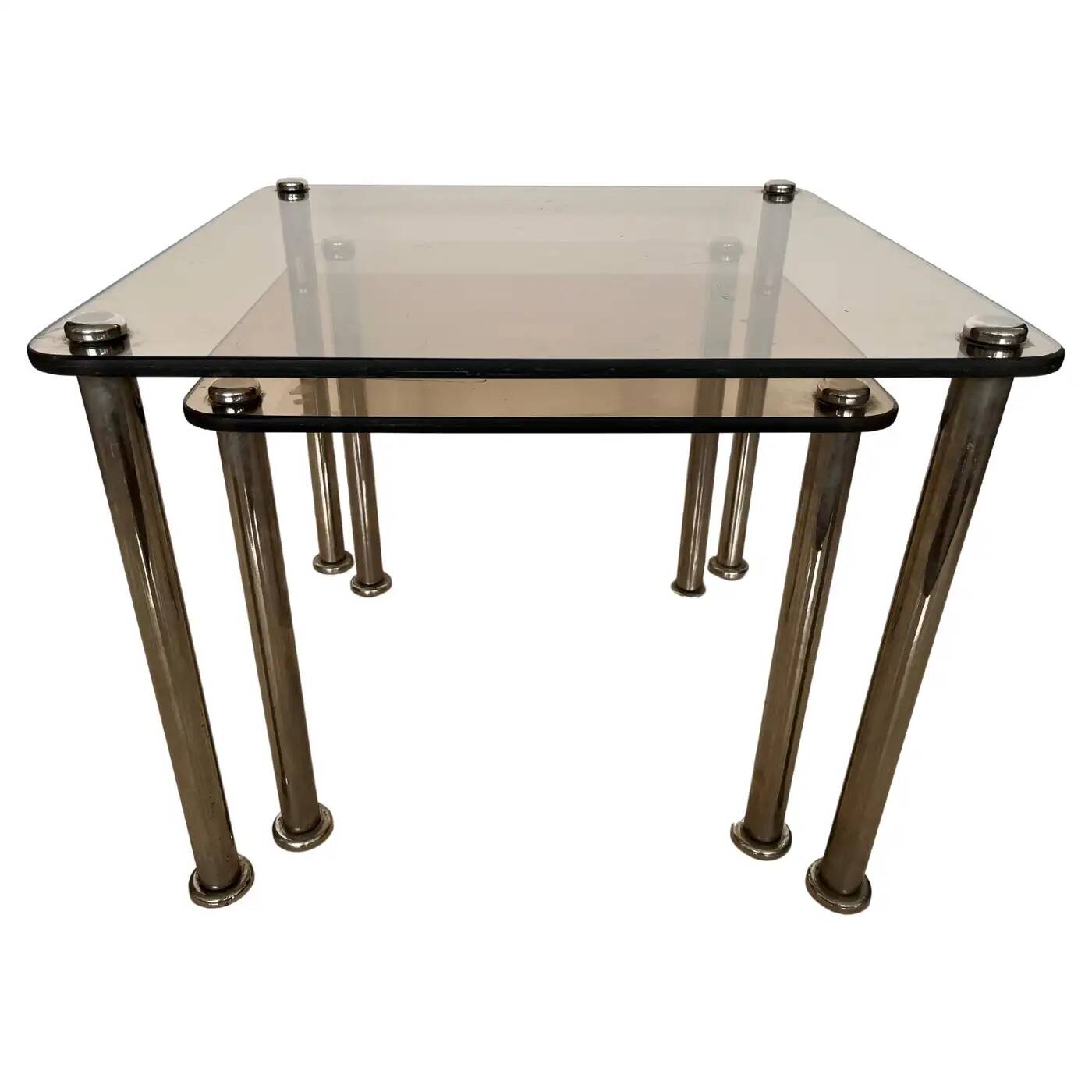 Pair of 2 massive chrome and smoked glass nesting tables / around 1980s