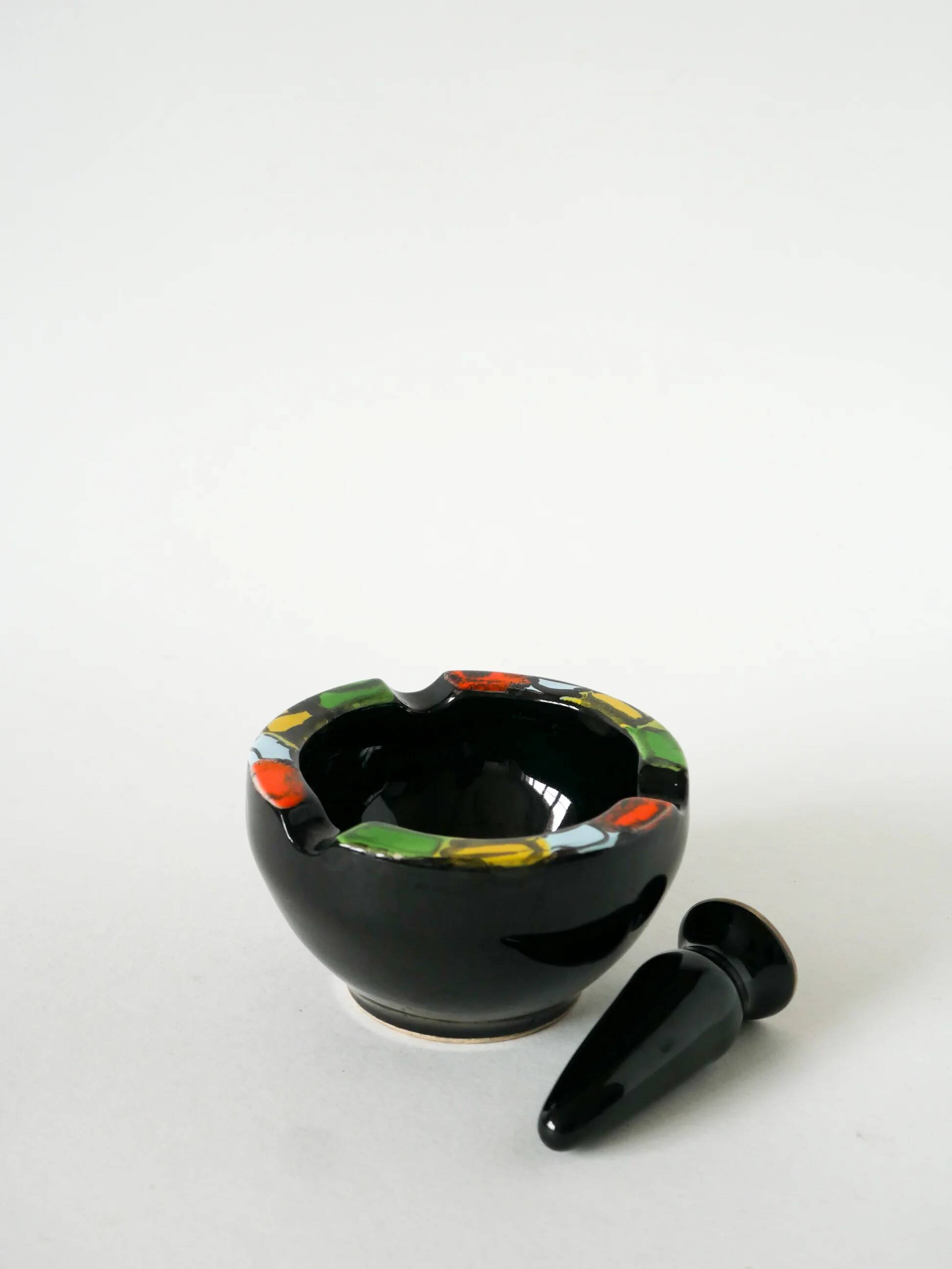 Large ceramic mortar, black & multicoloured, 1960
