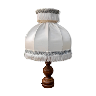 Bedside lamp foot wood, lampshade fabric with fringe and stripe