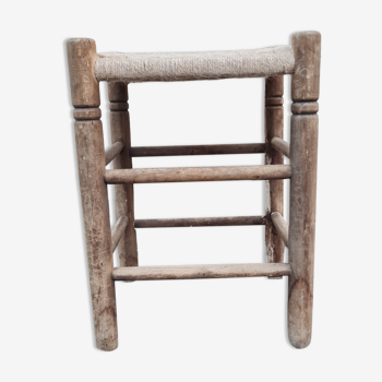 Tabouret bois et corde artisanal vintage