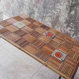Rattan coffee table and 1950s ceramics