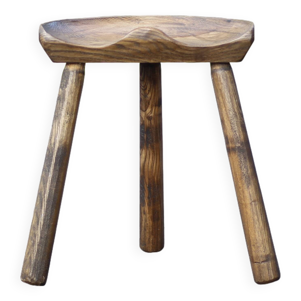 Tabouret vintage, tabouret bois Le Selou, tabouret tripode, brutaliste, chaise d'appoint, déco