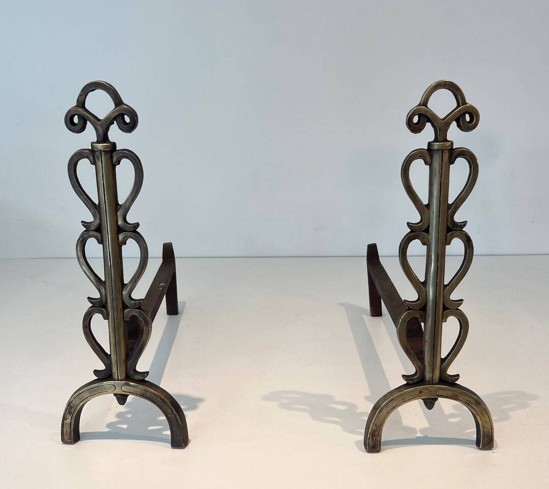 Pair of Brass and Wrought Iron Chenets with Scroll Columns and Arched Bases