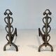 Pair of Brass and Wrought Iron Chenets with Scroll Columns and Arched Bases