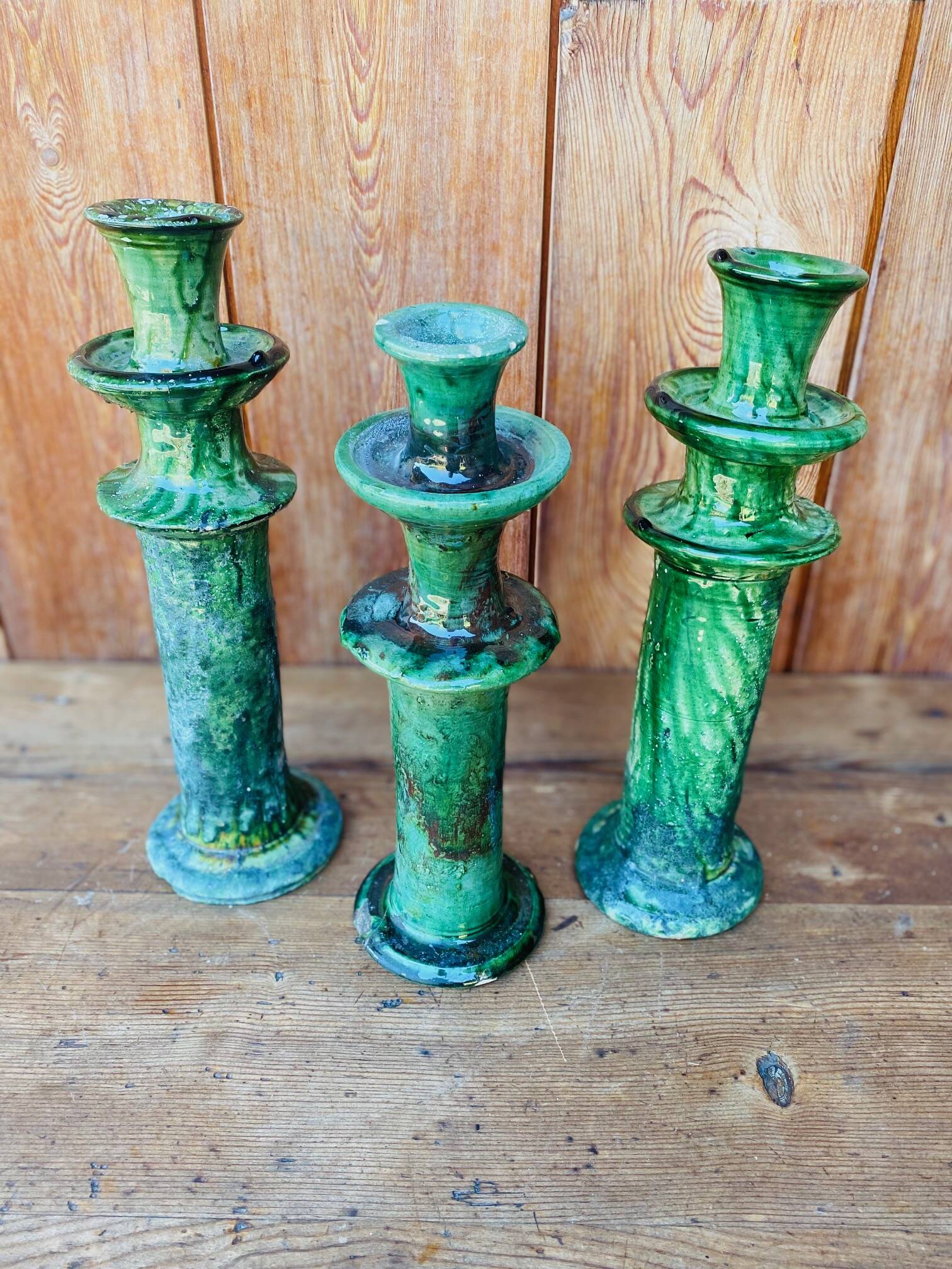 3 Tamegroute candle holders in green glazed ceramic from Morocco.
