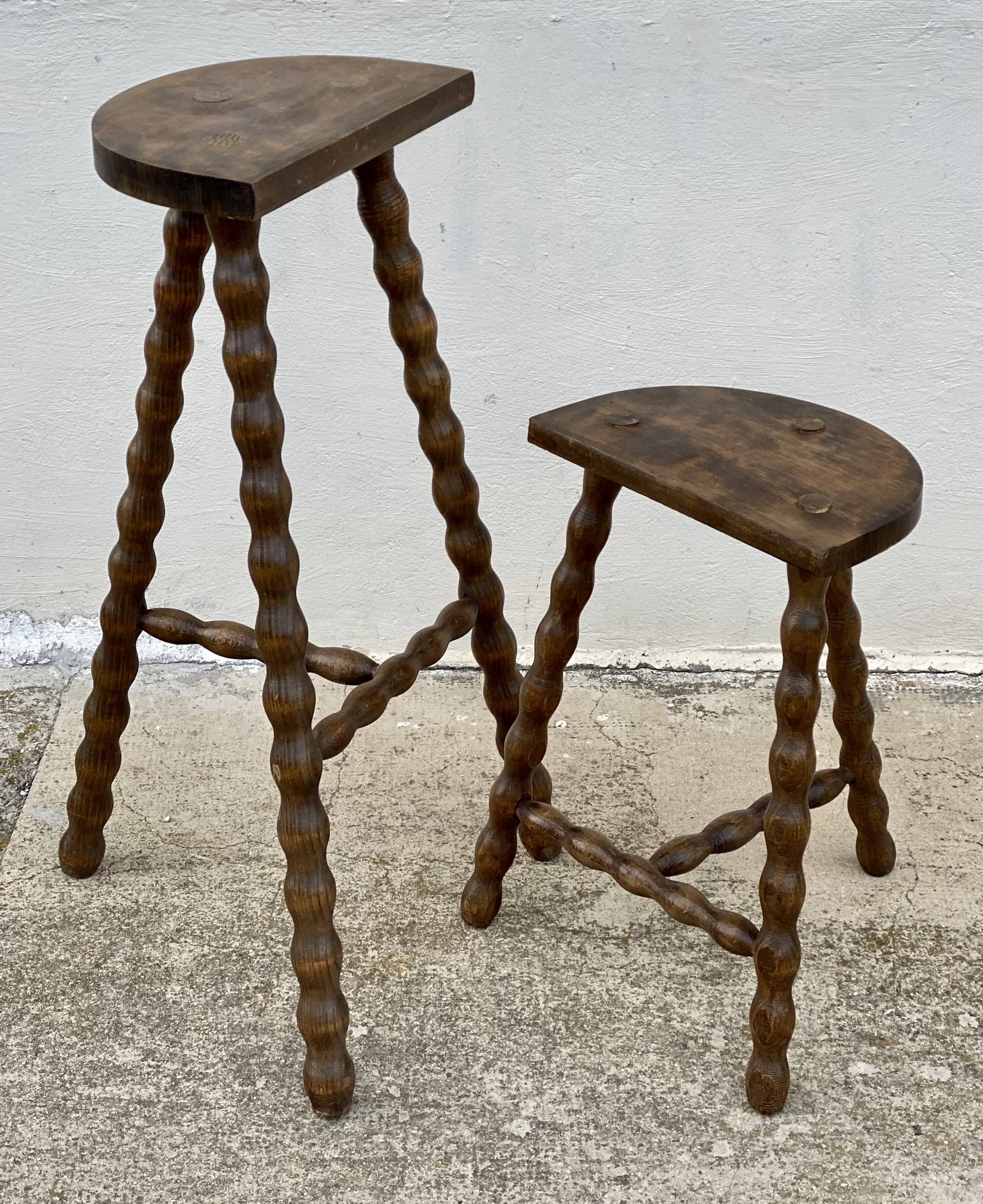 Set of 2 tripod stools with turned legs, vintage plant holder, 1960s