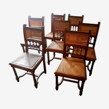 Set of 7 chairs canned XIX style Henry II