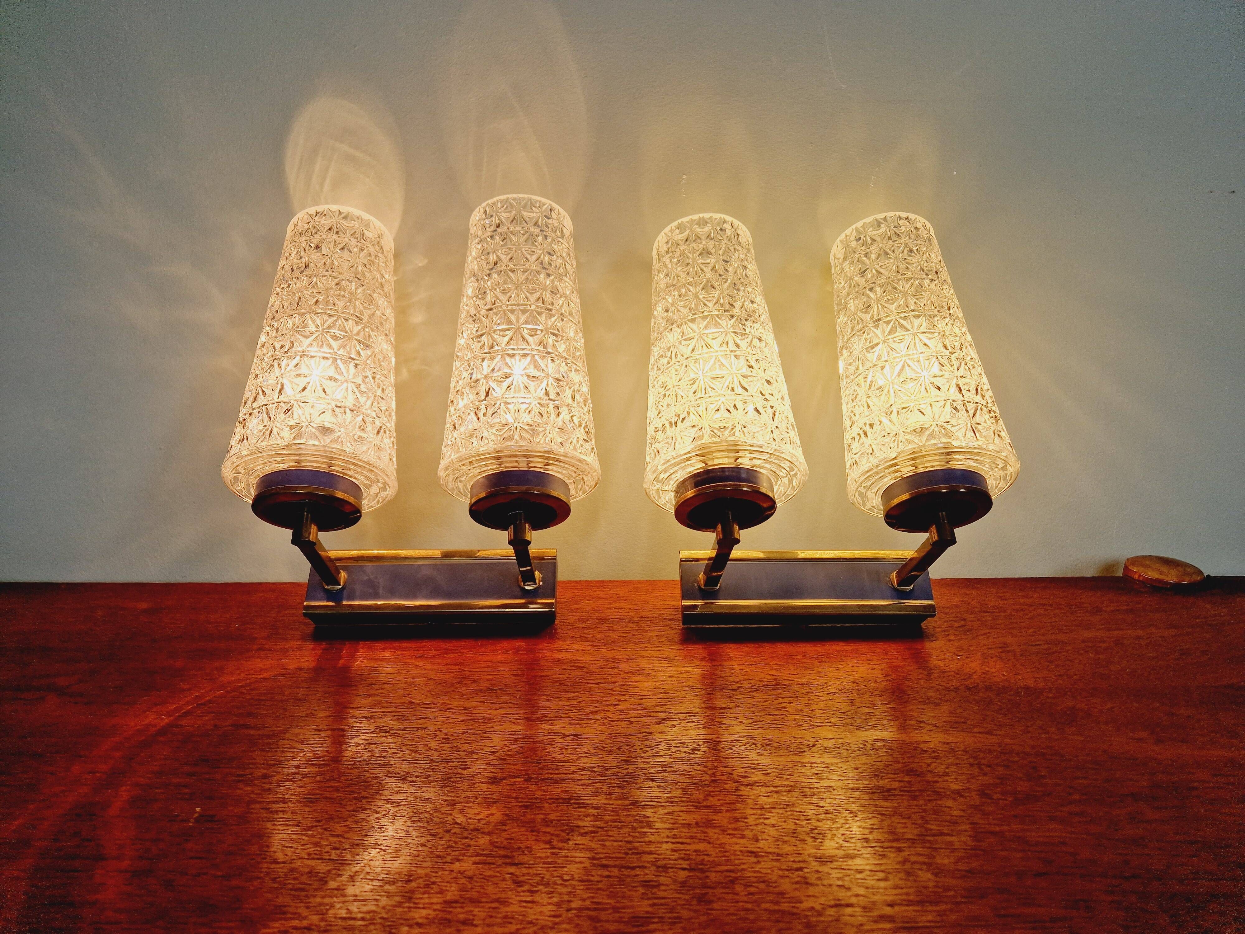 Pair of double wall lights in glass and blue lacquered metal, 1950s-60s
