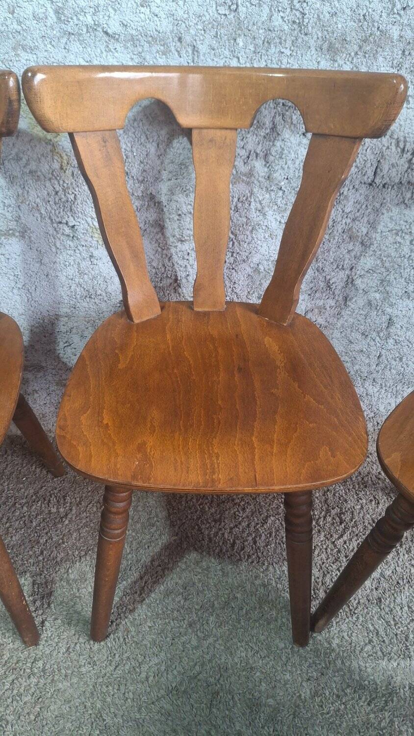 Set of 8 rustic bistro chairs in beech wood with honey patina, 1950s.