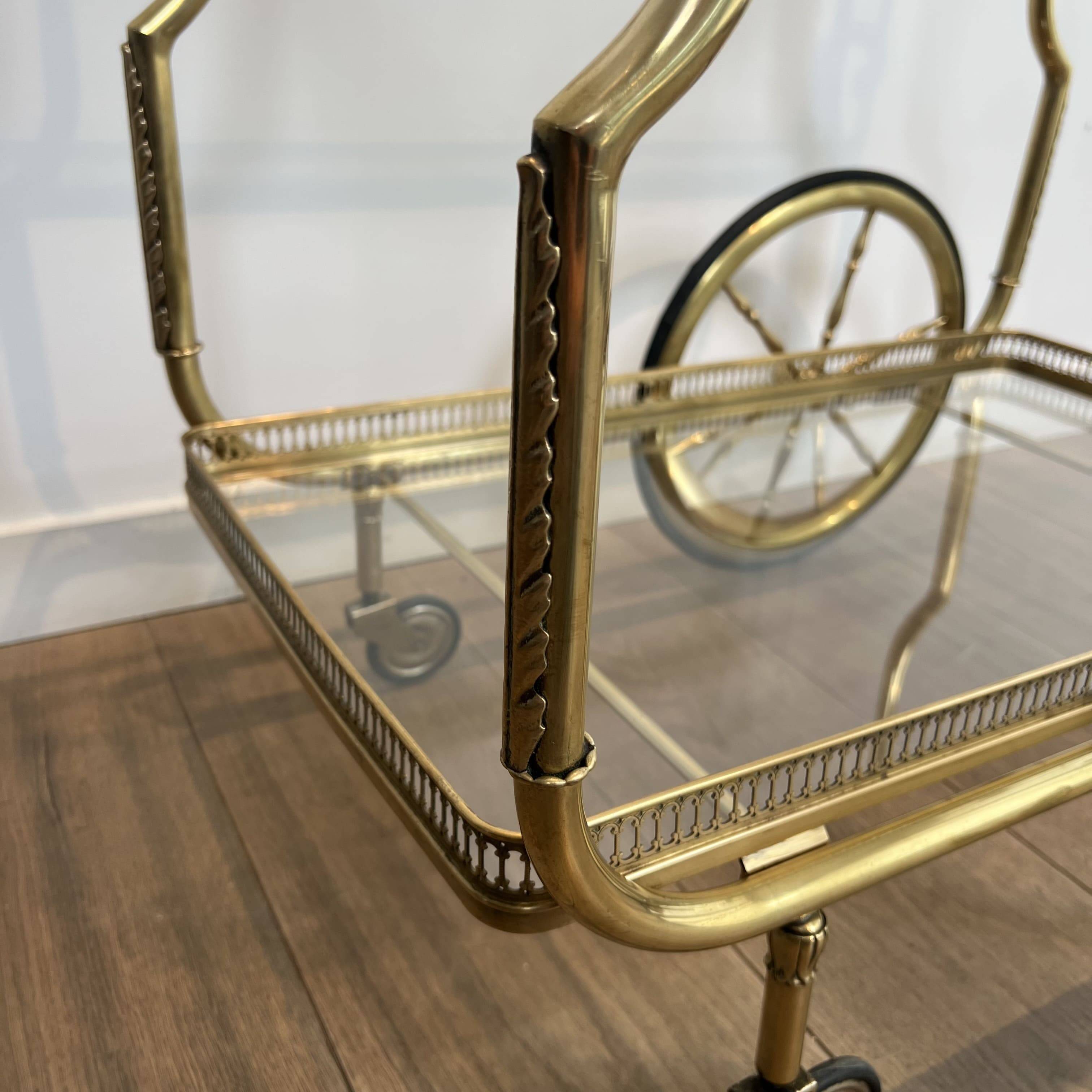 Rolling Table with Large Brass and Glass Wheels, Maison Jansen, Circa 1940