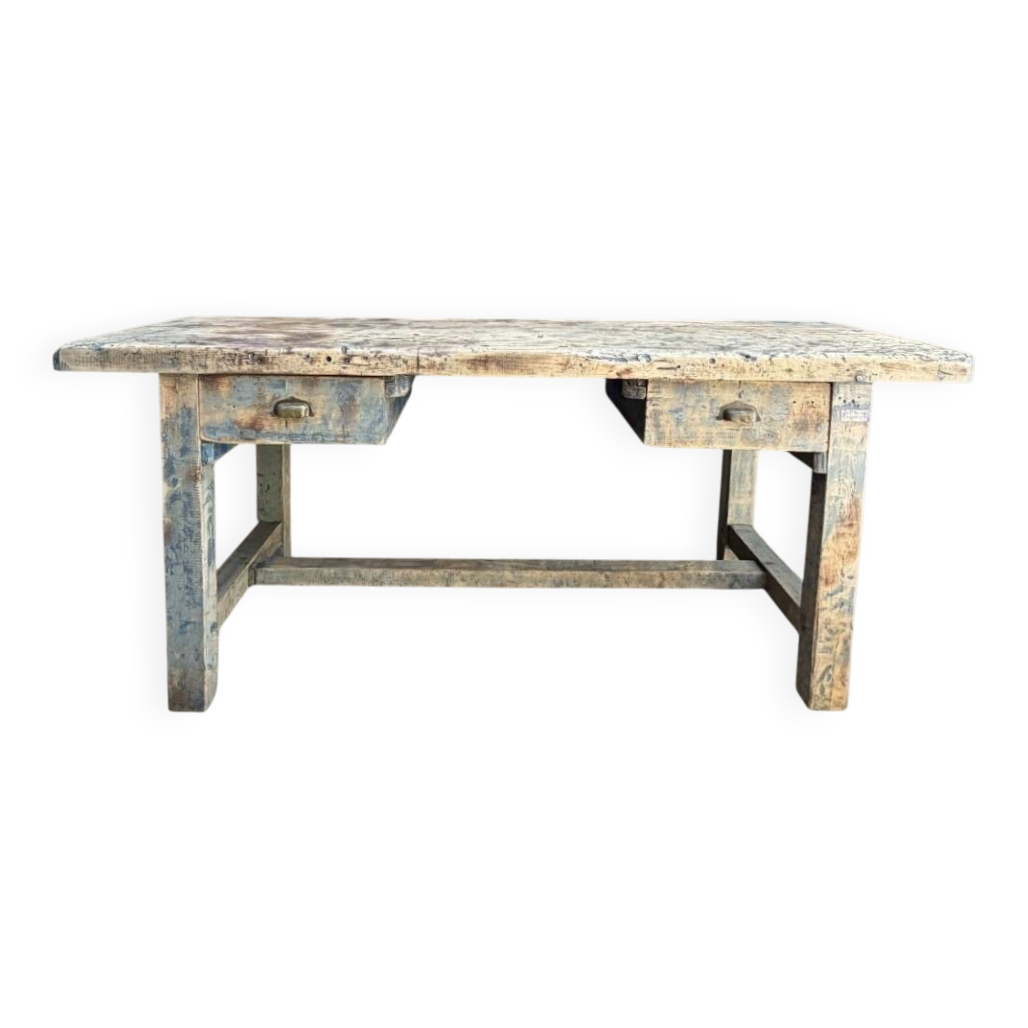 Blue patina beech drawer console established in 1940.