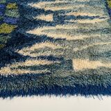 Abstract Scandinavian Multicolor High Pile Rya Rug Carpet, Sweden, 1960s