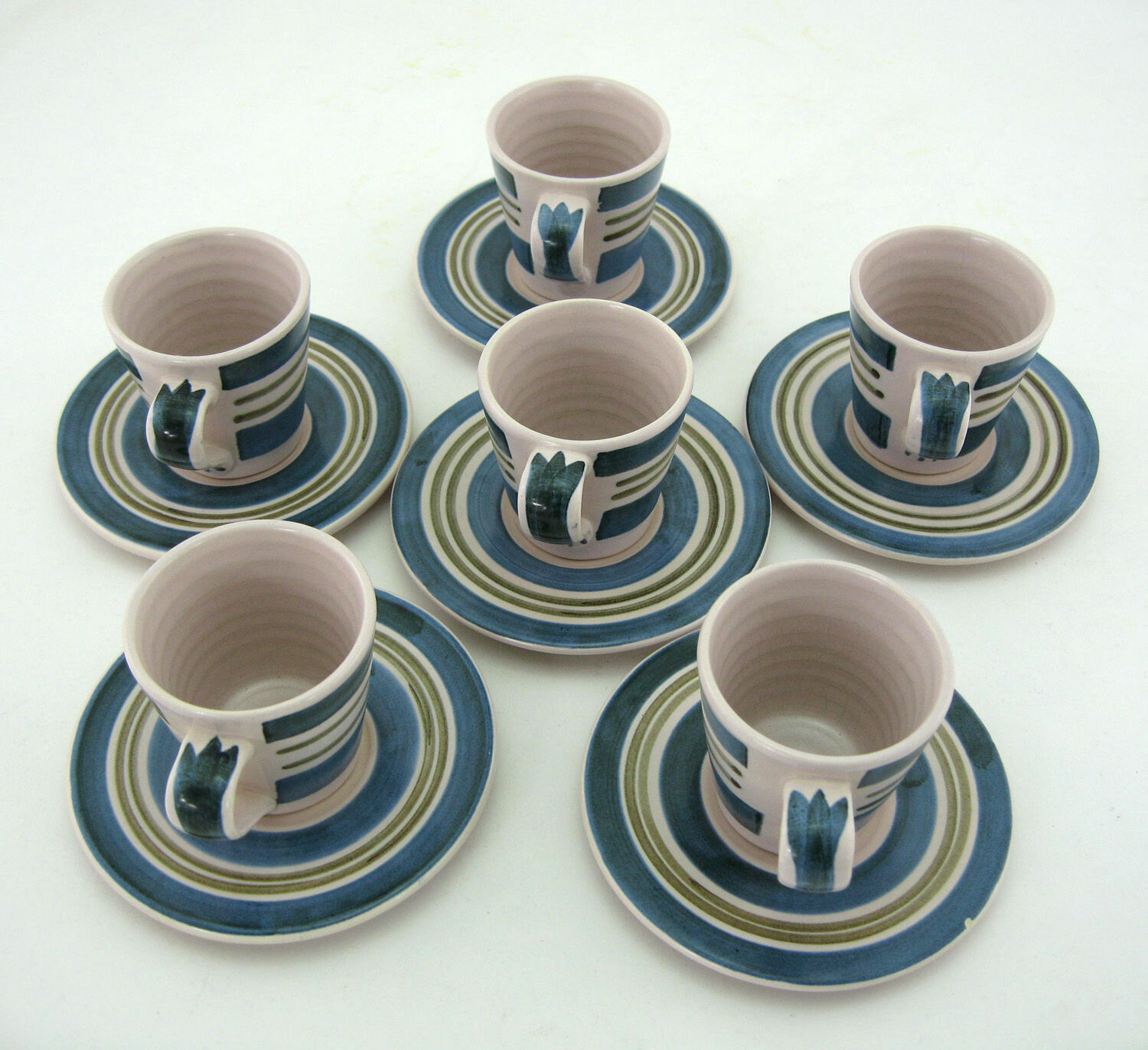 6 coffee cups - enamelled ceramic saucers