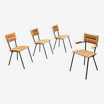 4 chairs 1950 straw wood dlg Colette Gueden