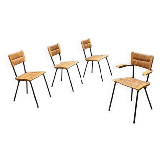 4 chairs 1950 straw wood dlg Colette Gueden