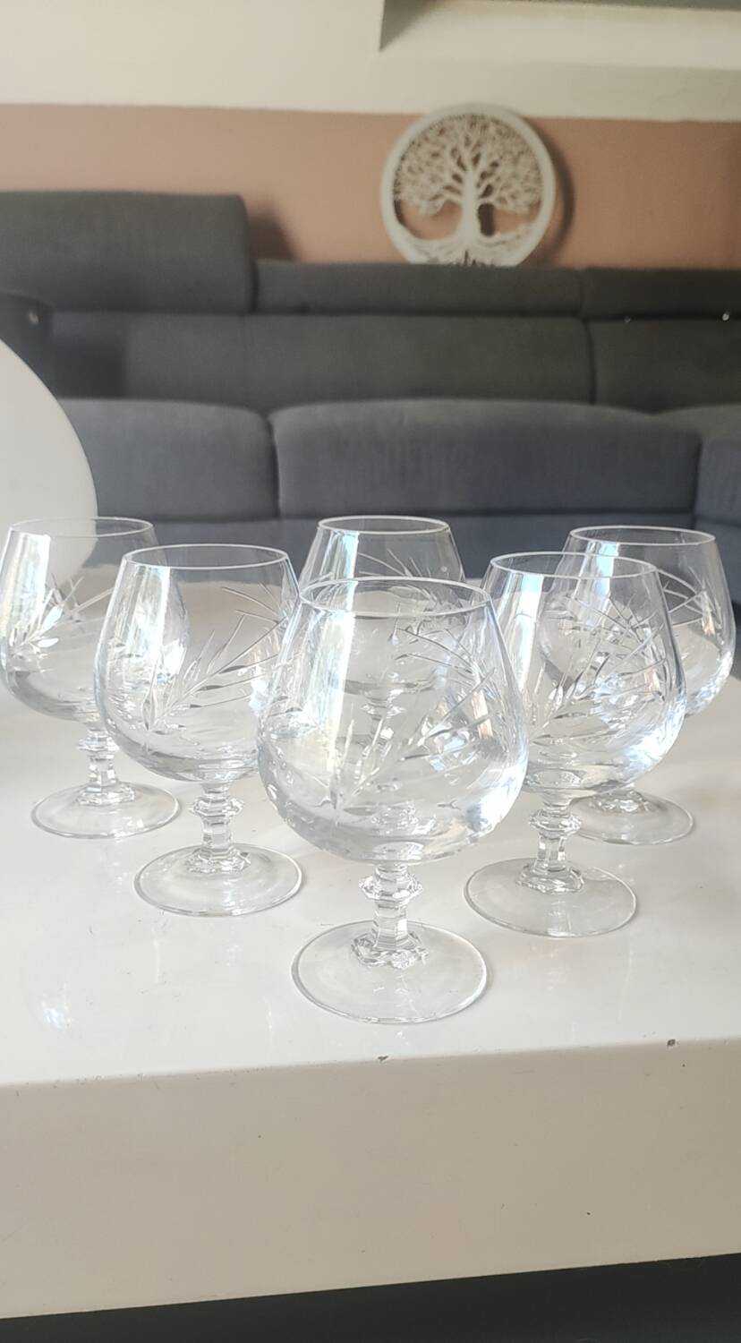 Lot 6 Verres Cognac/Cristal Arques. Model Fleury engraved with Wheat Ears.
