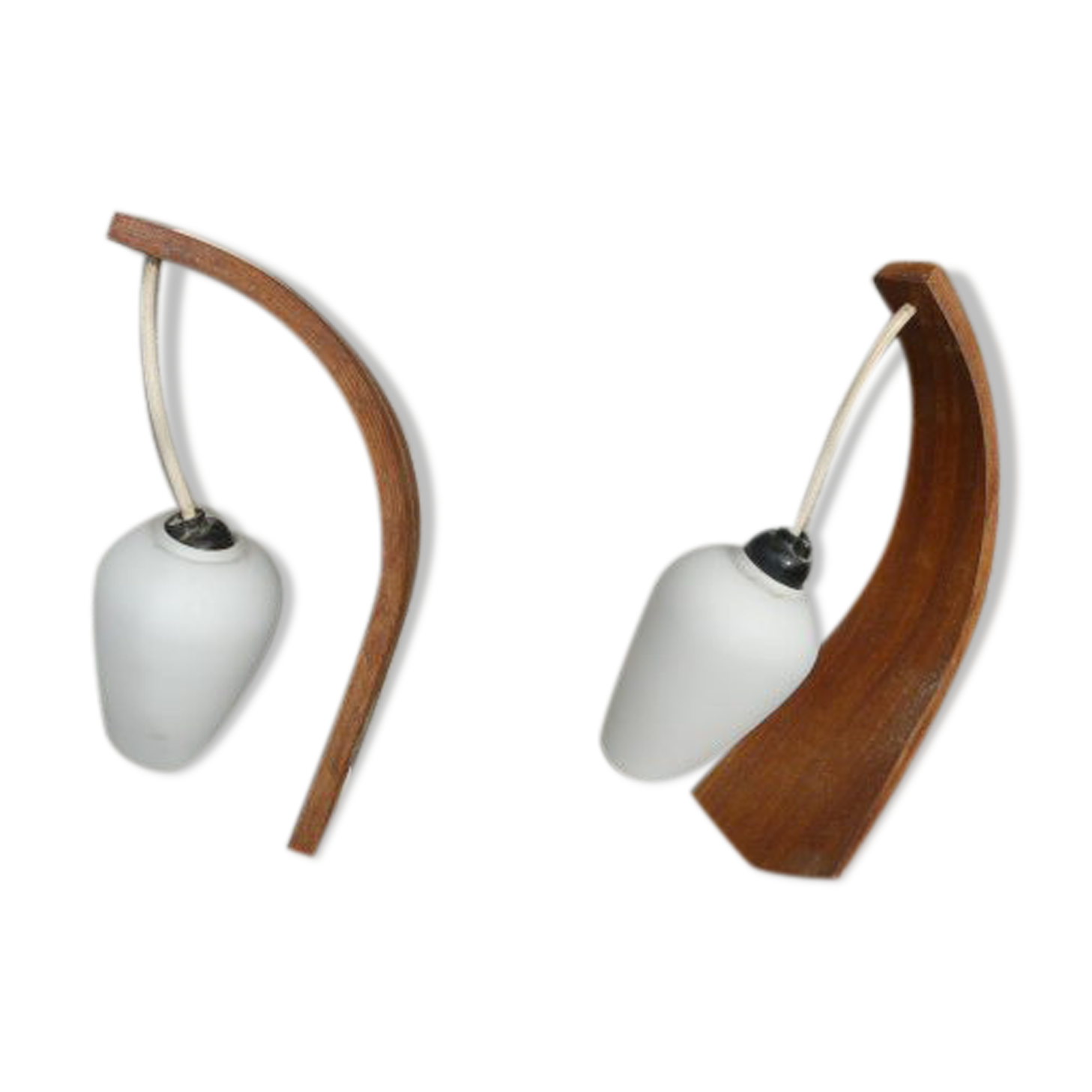 Pair of vintage Philips wood and opaline wall lamps