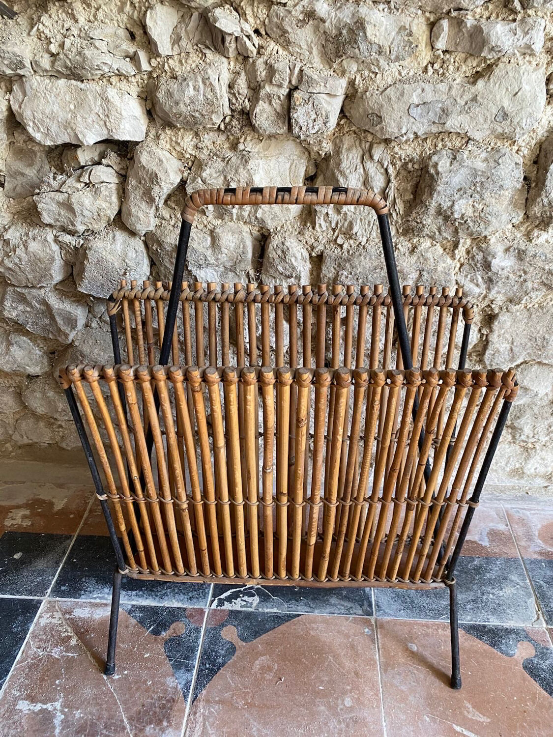 Modernist rattan magazine holder audoux minnet style