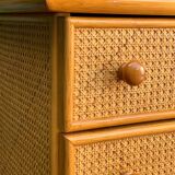 Chest of drawers and bedside table in rattan cane and oak, vintage 1970s