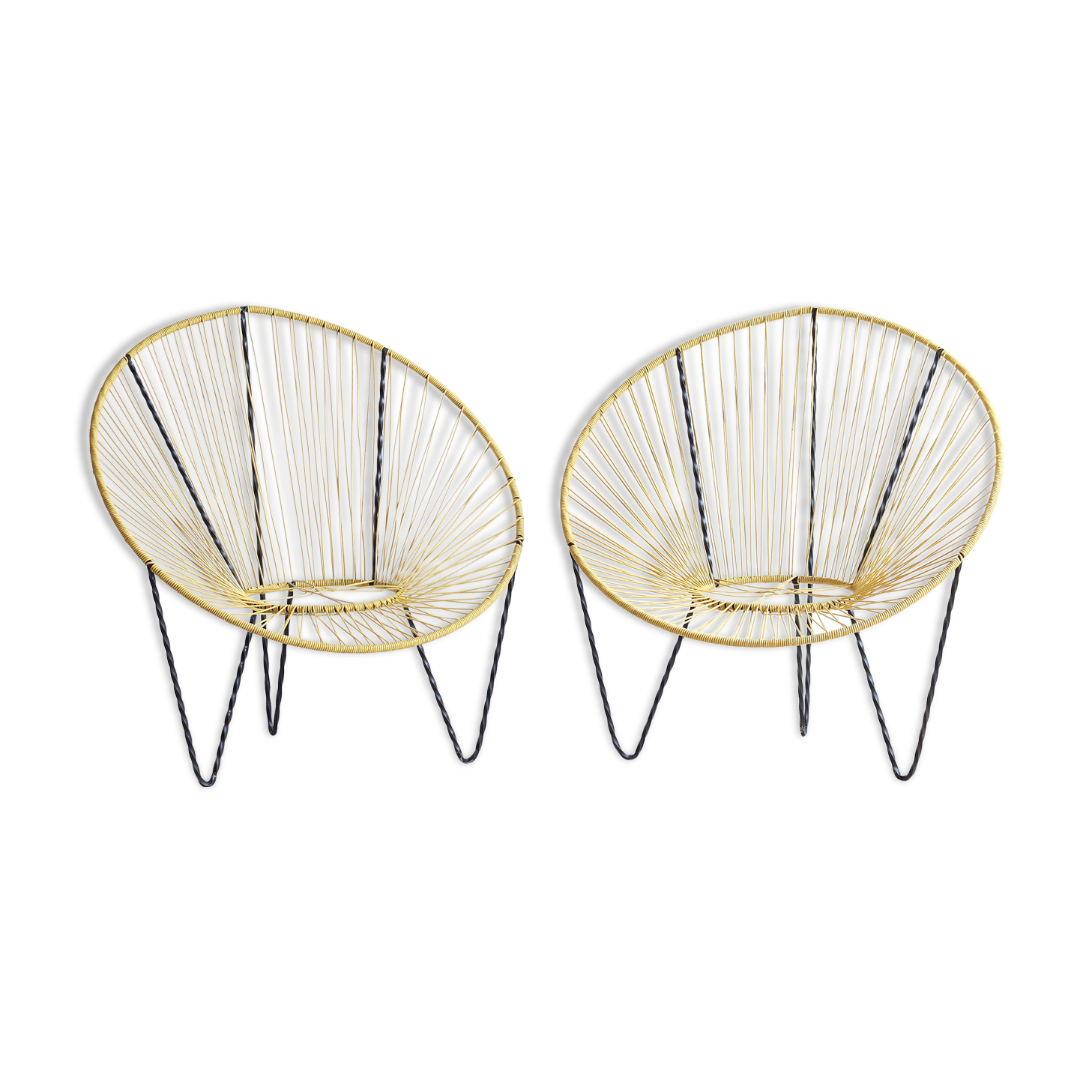 Pair of 60s tripod armchairs in metal and yellow scoubidou