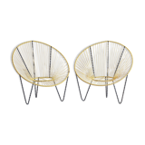 Paire de fauteuils tripodes années 60 en métal et scoubidou jaune