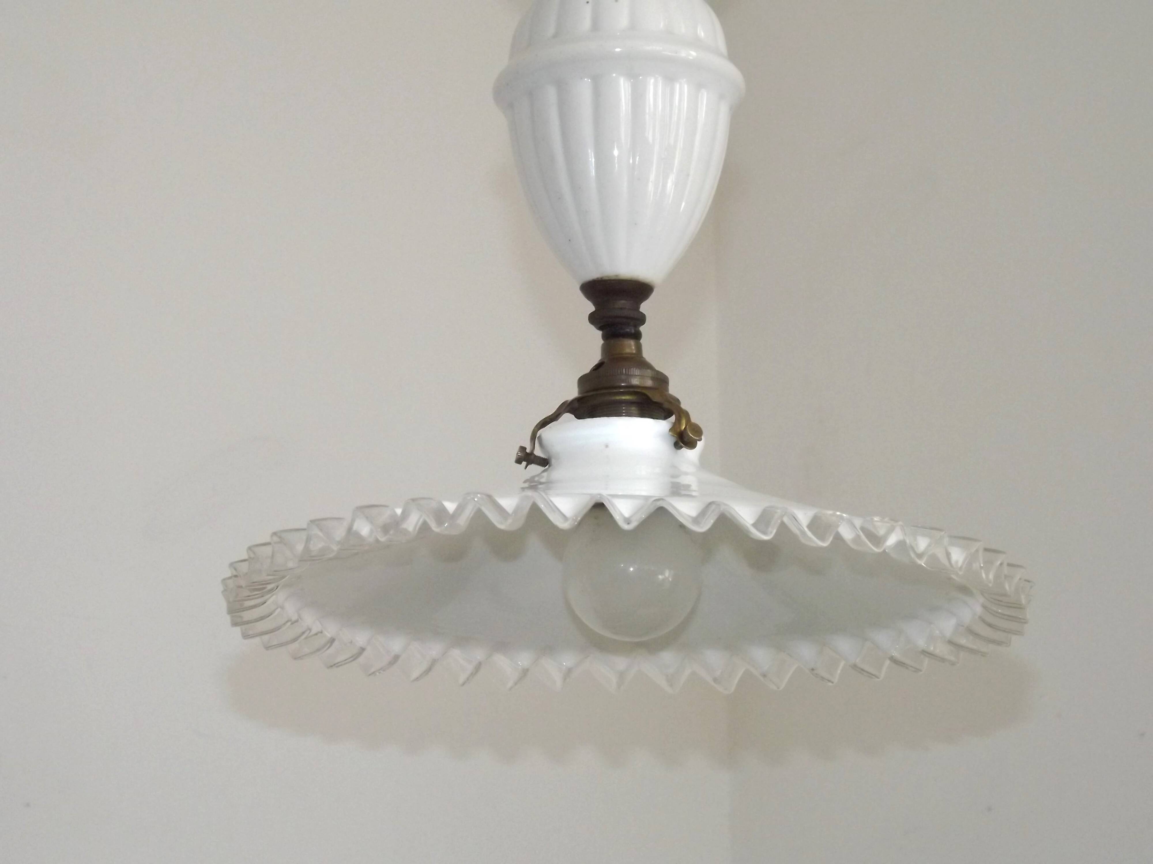 French Counter Balance Ceiling Light White Porcelain & Opaline Glass Shade