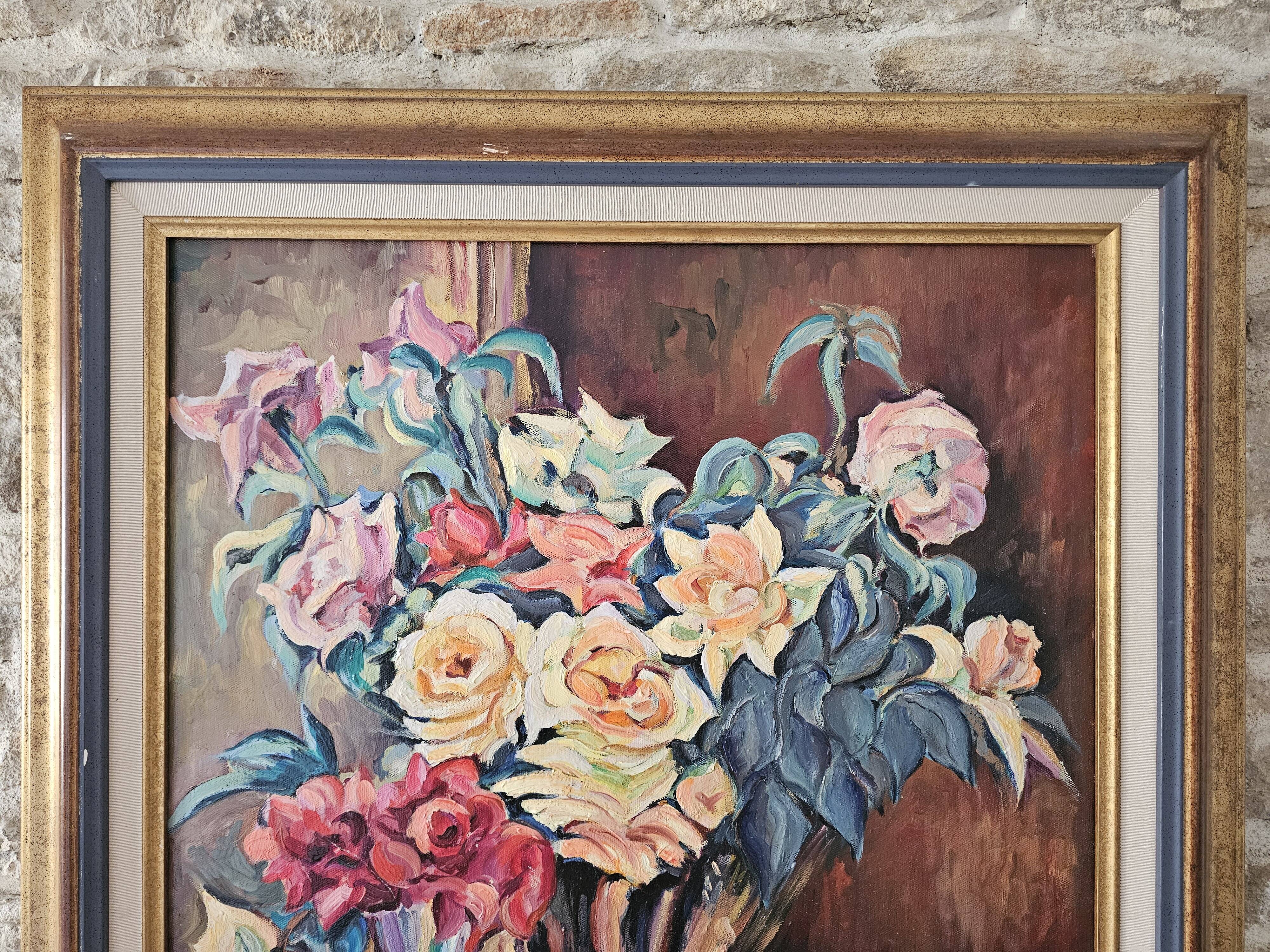 Oil on Canvas Still Life Flower Bouquet Signed Bernamonti