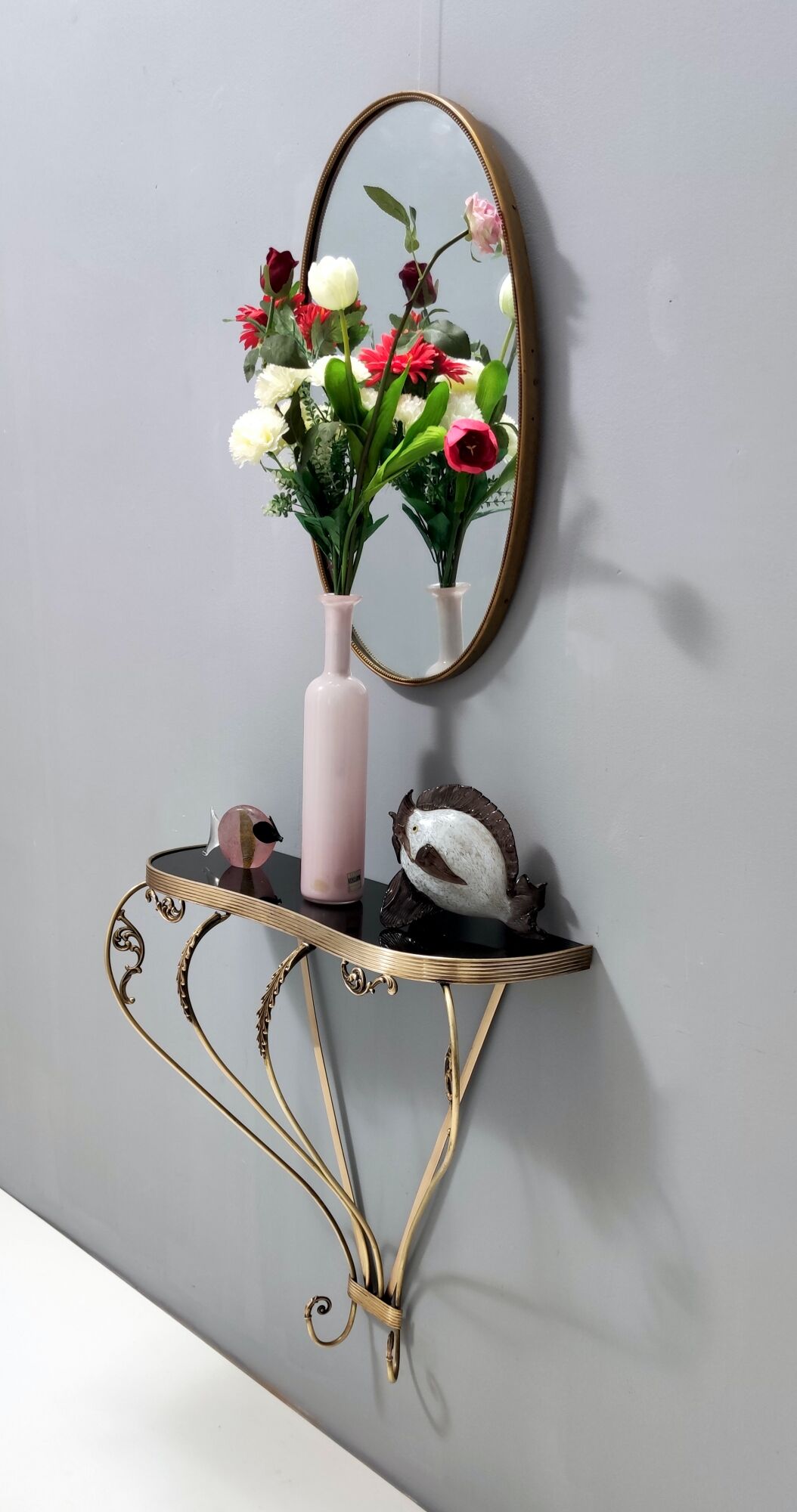 Vintage Wall Mounted Brass Console Table With Demilune Black Glass Top, Italy
