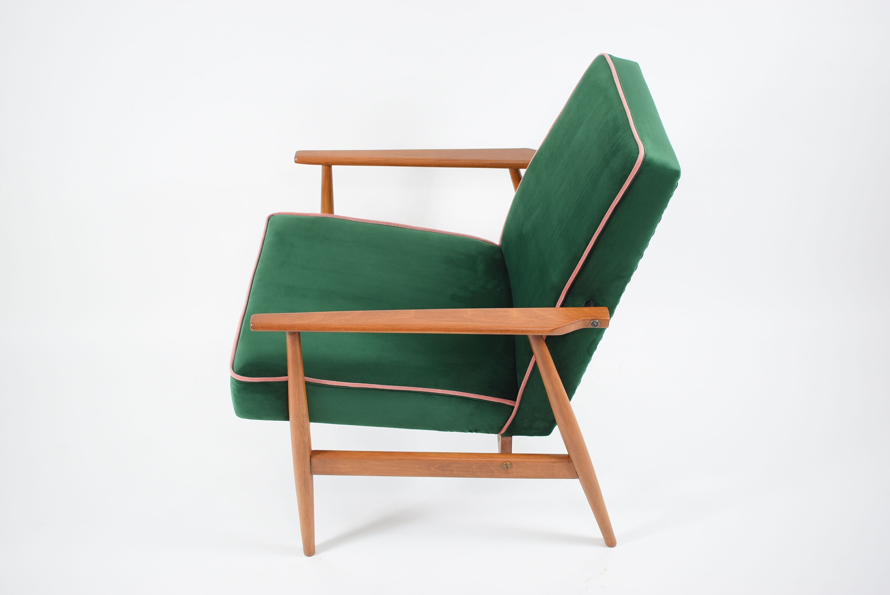 Vintage armchair, fully renovated, 1970s, green bottle velvet, pink edge