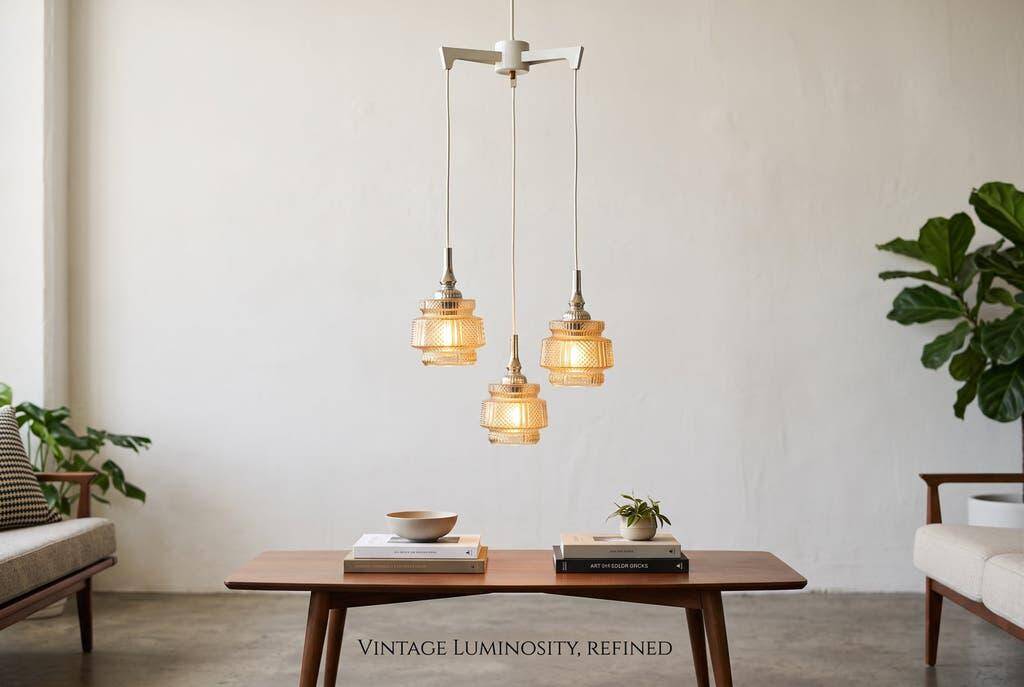 Vintage glass cascade chandelier with chrome.