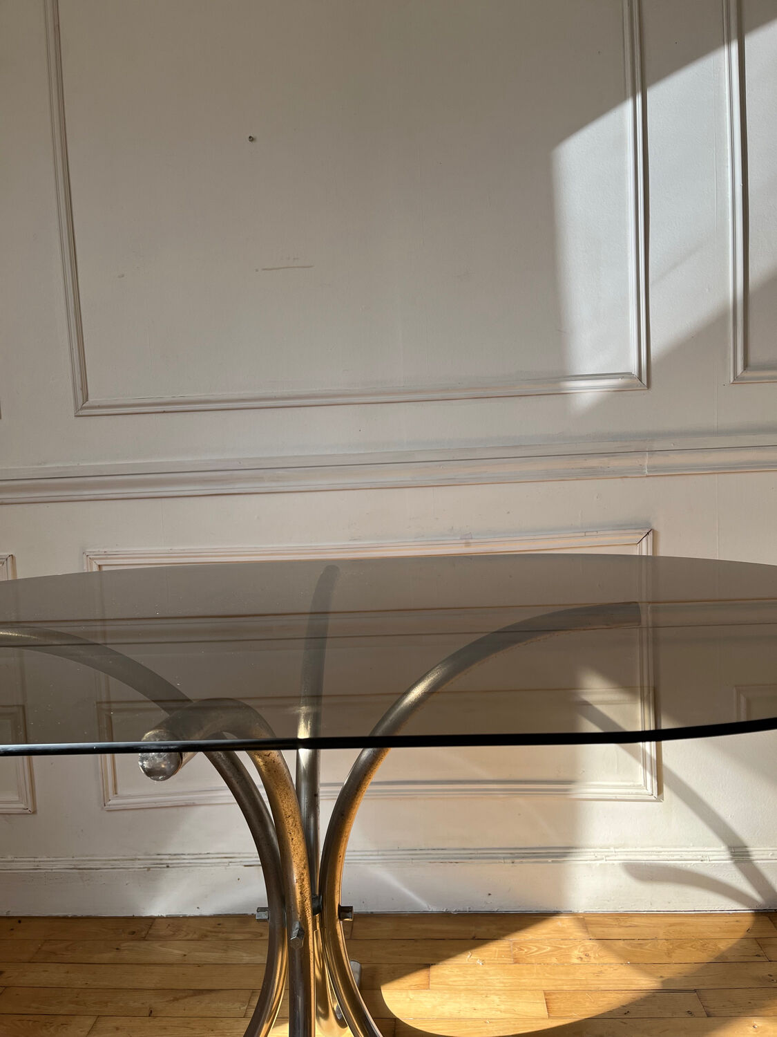 Vintage smoked glass oval dining table