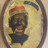 Tableau HSP vue ovale "Panier de fruits" vers 1900 sur carton cigarettes SADO