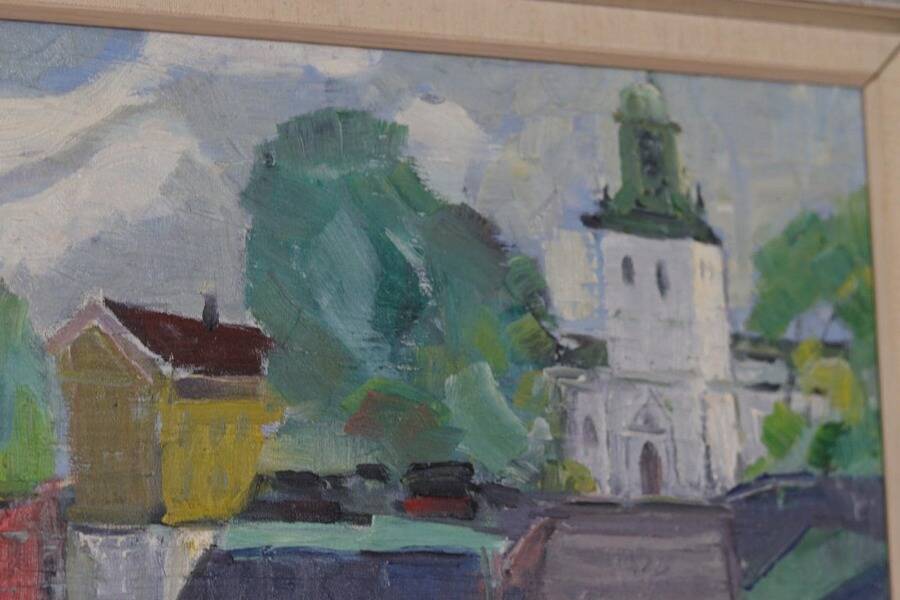 Original Swedish oil on canvas – “Church” by Stig Gilborne – vintage & framed – 67 × 52 cm (26.4" × 20.5")