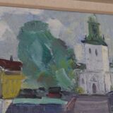 Original Swedish oil on canvas – “Church” by Stig Gilborne – vintage & framed – 67 × 52 cm (26.4" × 20.5")